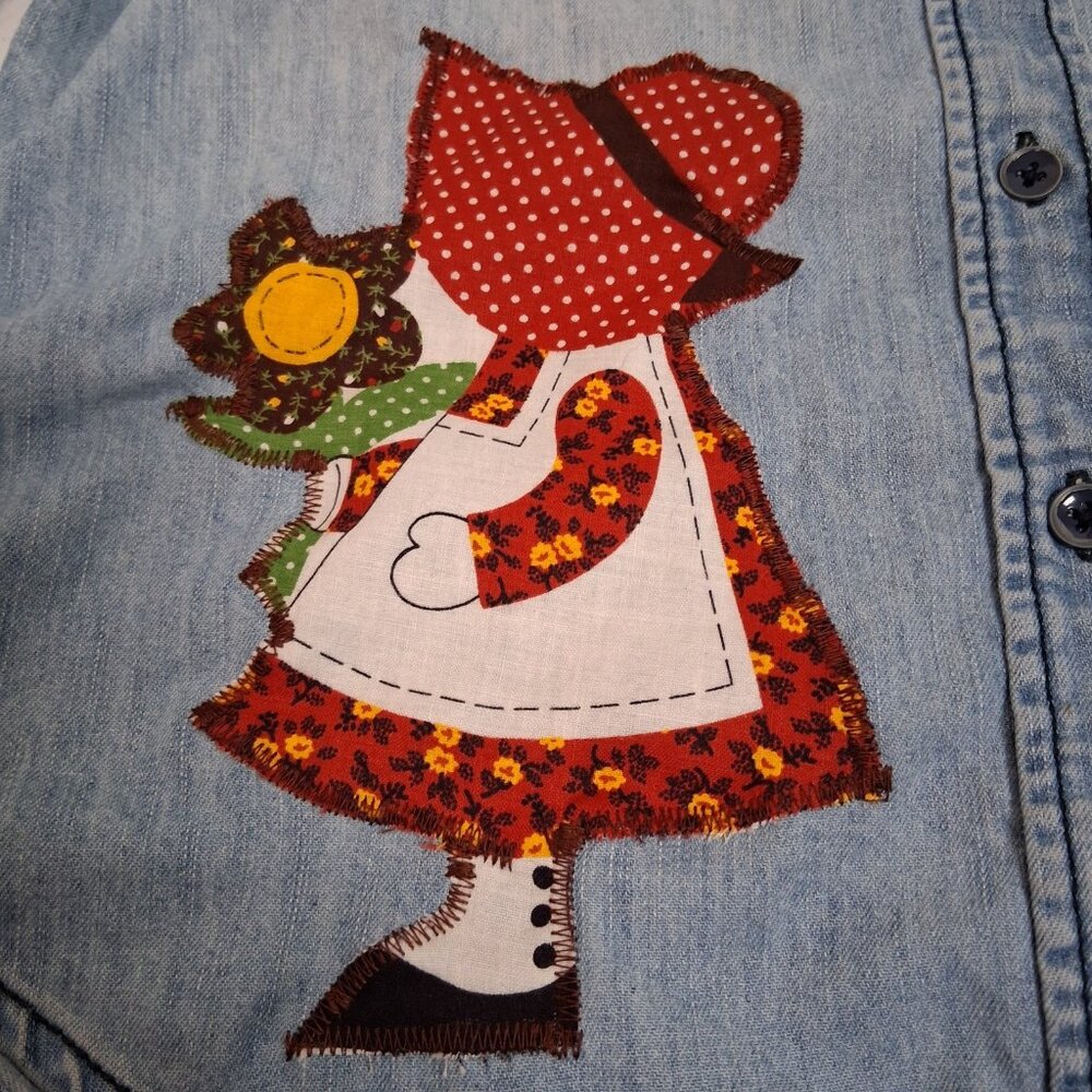 Reworked Chambray Denim Shirt Small Farm Rooster Calico Cottagecore Farmer - Picture 10 of 16